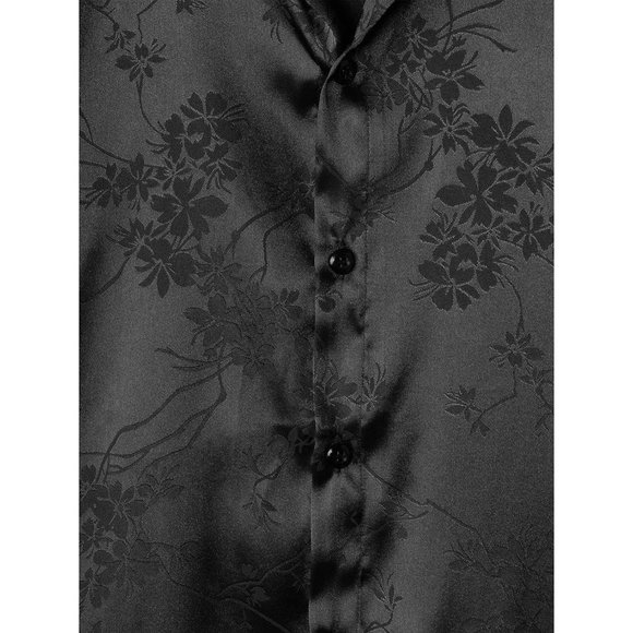 Men's Satin Floral Print Button Down Front Lapel Collar Solid Short Sleeve Shirt - Picture 6 of 9